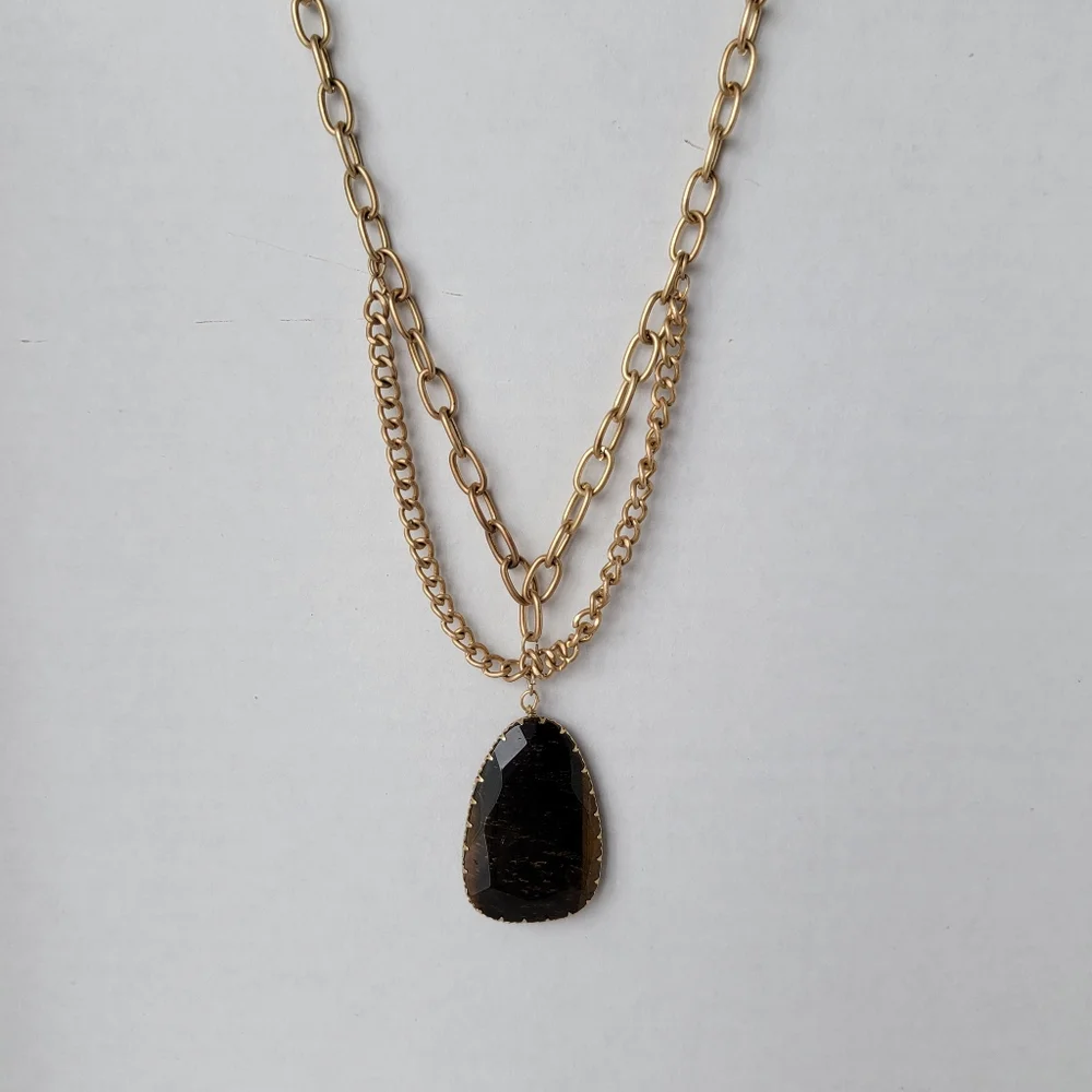 Tigers Eye Pendant Necklace Layered Chain Genuine Stone